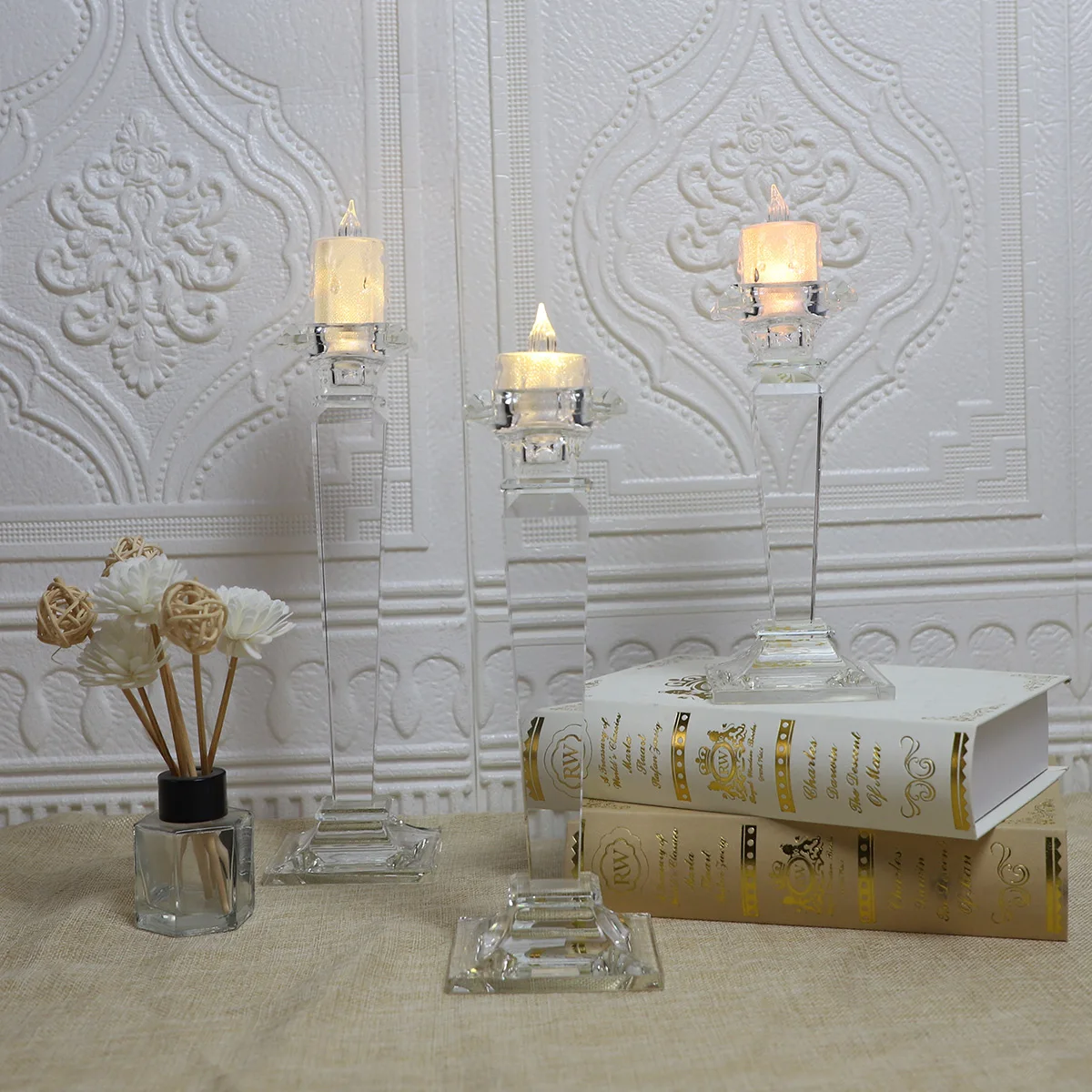 Set of 3 led crystal flat glass candle holders lanterns and candle jars for wedding supplier