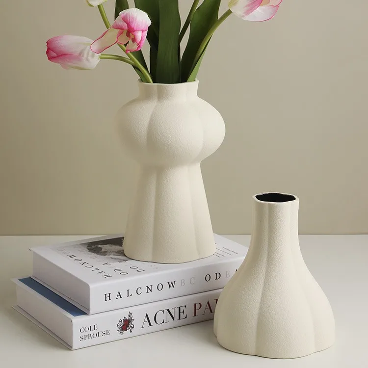 White Ceramic Vase with Textured Matte Finish Minimalist Modern Home Decor Living Room Flower Arrangement Tabletop Accent