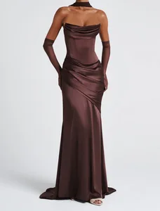 Bettergirl 2026 Solid color temperament satin pleated slim fit strapless party dress