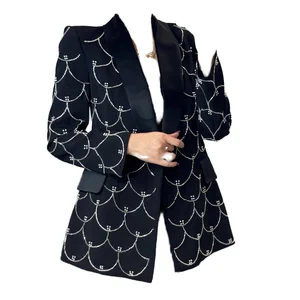 Customize New Casual Elegant V-neck Single Button Solid Woven Beading Anti-Wrinkle Polyester/Cotton Full Sleeve Blazer Women