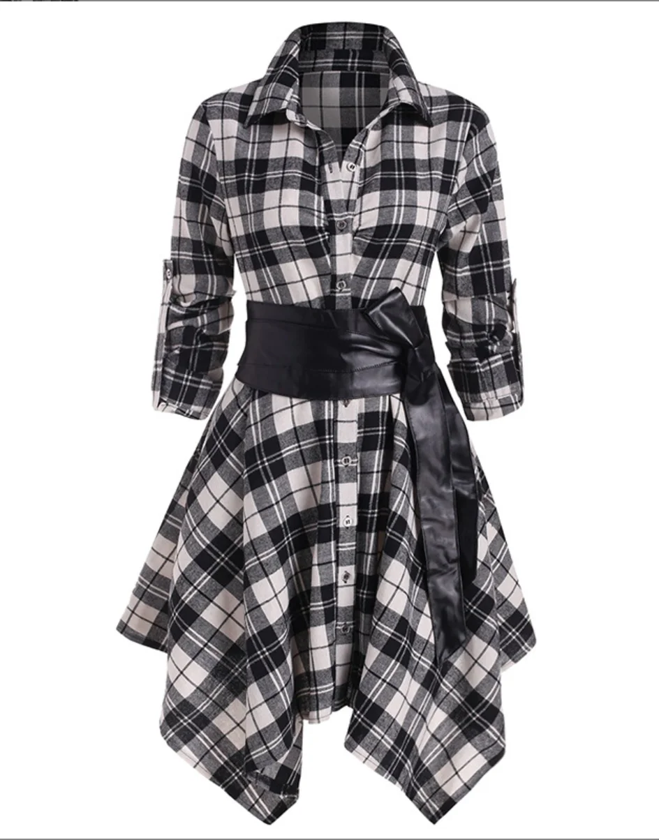 Women Striped Flannel Dress Long Sleeves Casual Turn-down Collar Shirt  Single-breasted Cotton Blouse
