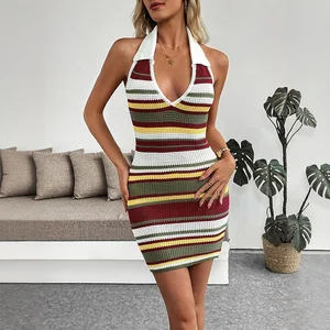 Ladies' fitted striped dress, backless party date skirt, casual off-the-neck knitted vacation skirt