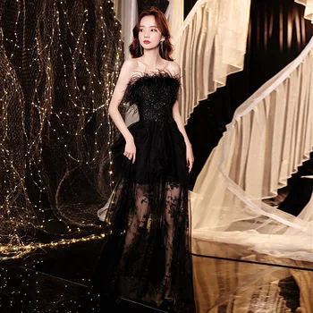 Custom High Quality Embroidery Lace Sequin Beading Black Evening Dress With Feathers Gowns For Women