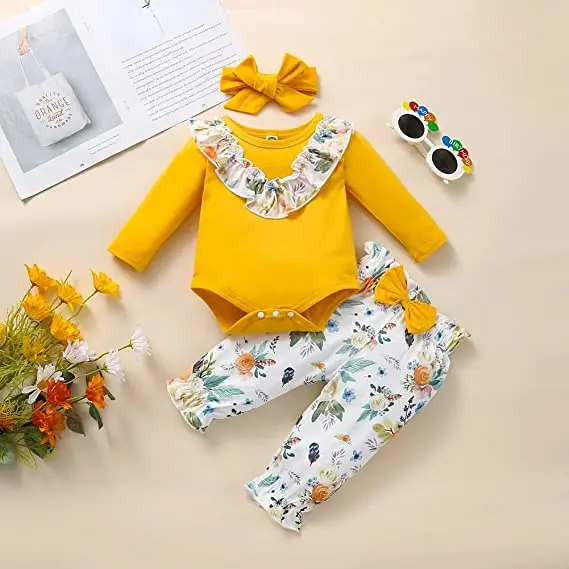 Infant Baby Girl 3PCs Long Sleeve Cotton Romper Flowers Pants with Headband Outfits Set for 0-18Months