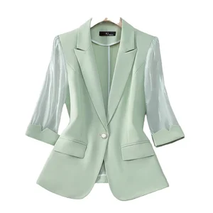 Women's Business Blazer Three Quarter Sleeve Woven Button Mesh Suit Jacket Breathable Small Thin Summer Style