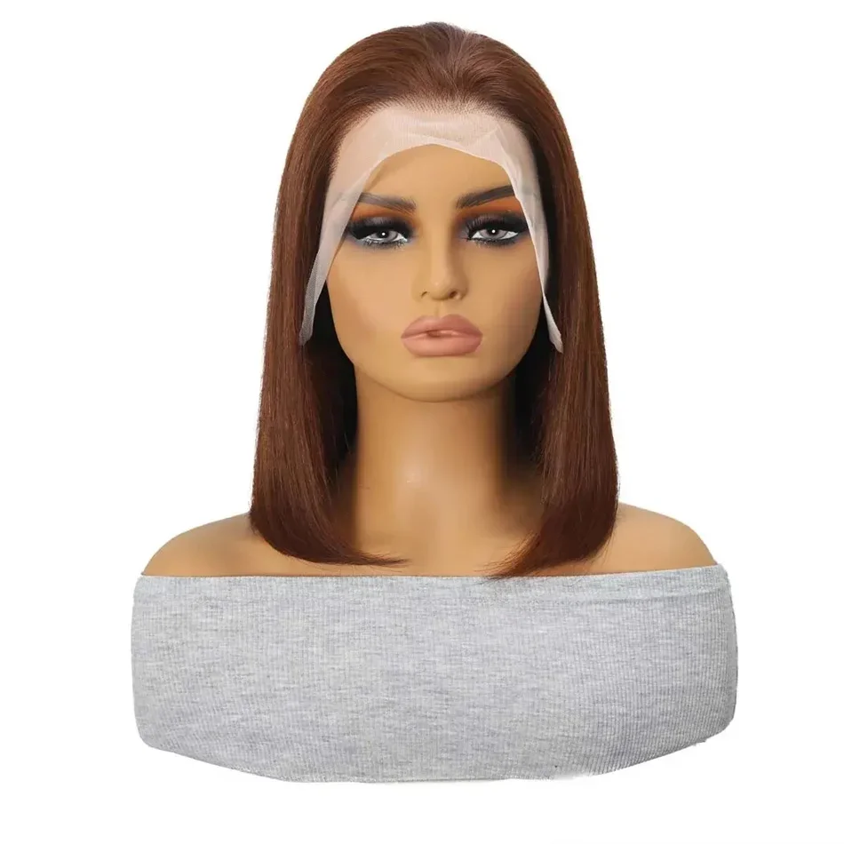 Chocolate Brown Short Bob Human Hair 13X4 Lace Wig Brazilian Remy_voghion.com