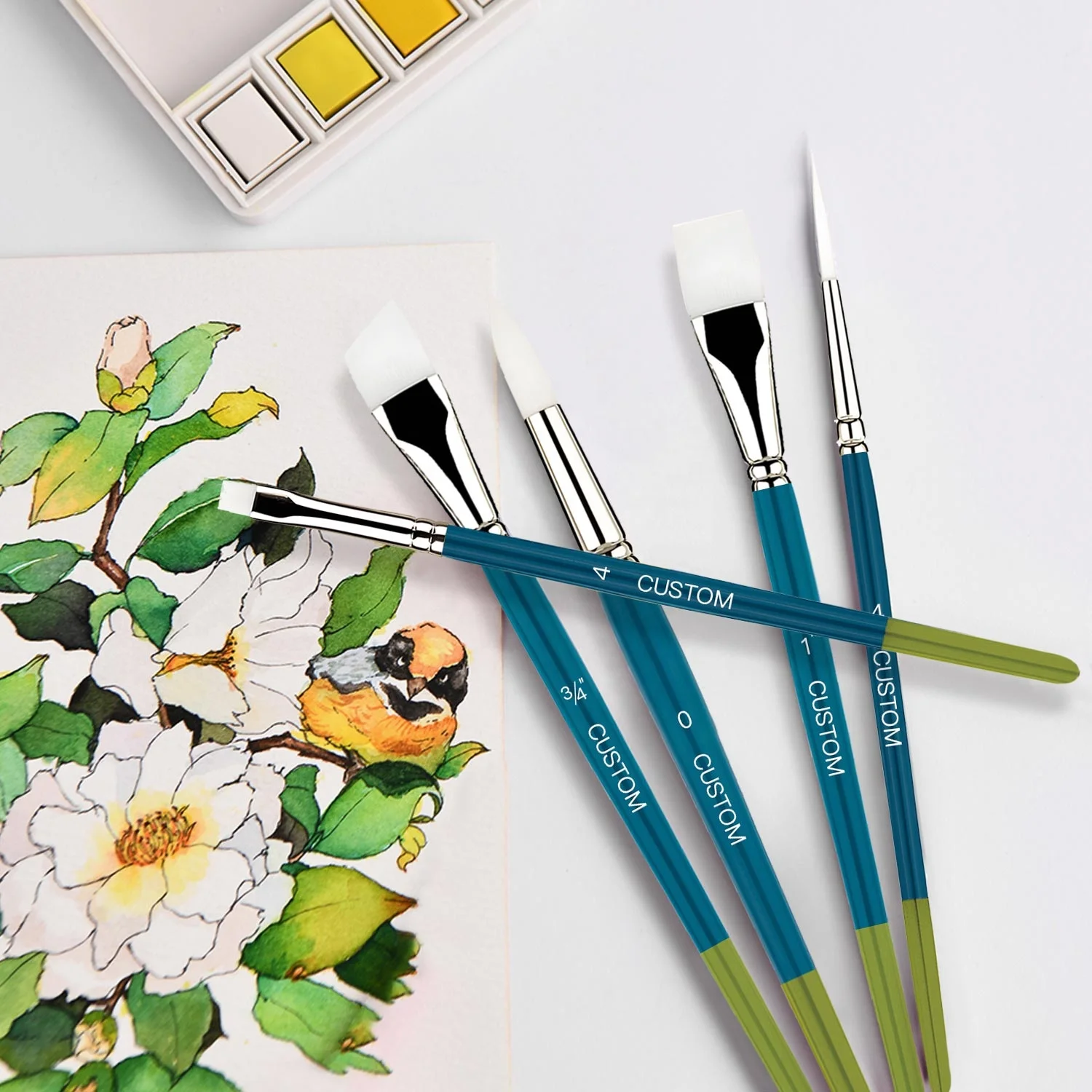 Quality 7PCS White Nylon Hair Two Color Wood Handle Fan Round Flat Angular Liner Shape Design Acrylic Paint Brush Sets