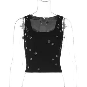 Viviblook Z1229TP Women Summer Clothes New Sexy Slim Fit Sleeveless Eyelet Hollow Tank Tops Crop Top for Ladies