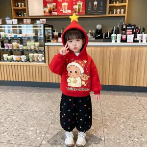 Boys Girls Autumn Winter New Fleece-Lined Thickened Sweet Style Cartoon Print Sweatshirt Sweatpants Children's