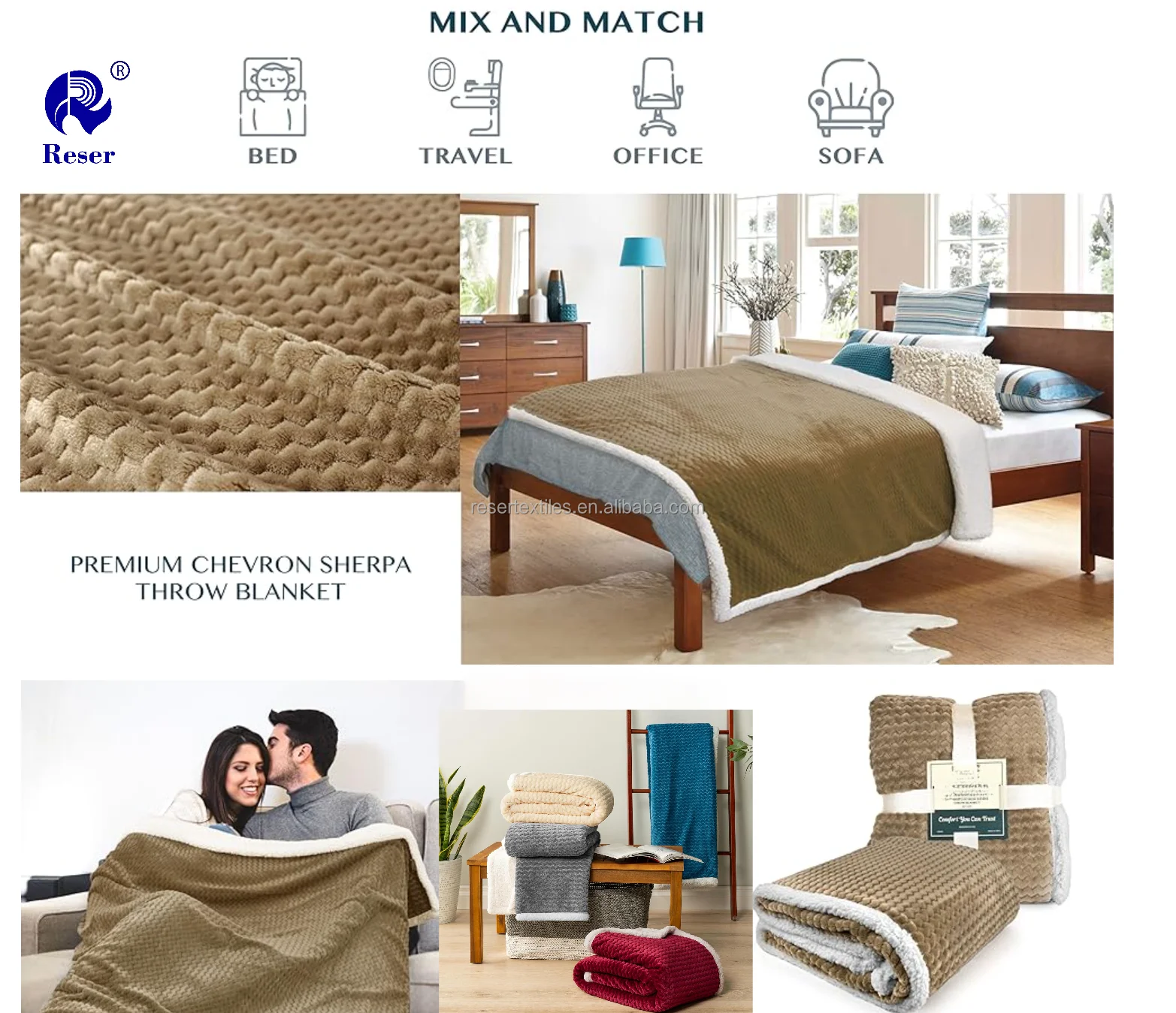Eco-friendly Cozy 50x60 Reversible Sherpa Chevron Jacquard Weave Textured Blanket Soft Beige Flannel Fleece Throw for Sofa Bed
