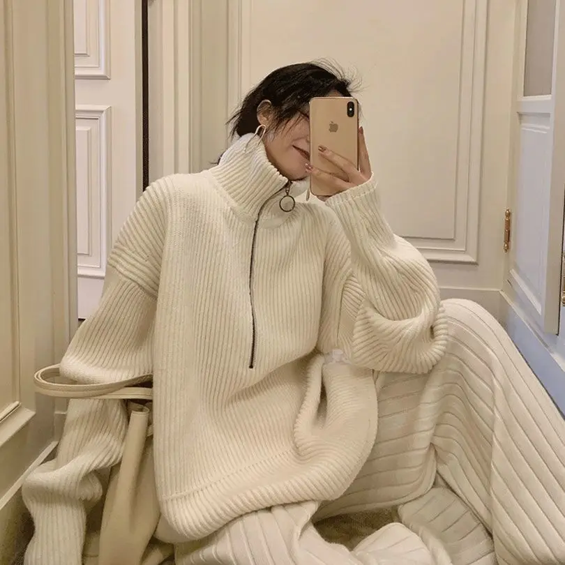 EasyGarment 2021 Spring Autumn Casual Women 2 Piece Set Turtleneck Pullover Sweater Wide Leg Rib Pants Female Knit Tracksuit