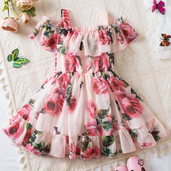 Summer new hot sale girls' Western style sling chiffon dress Princess dress children straps dress