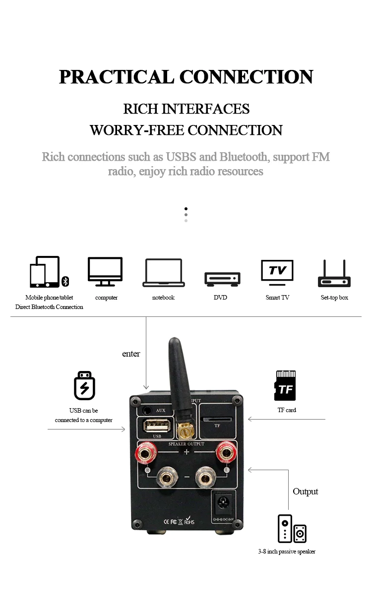 BRZHIFI New C50 BT5.0 Infineon MA12070 ES9023 HIFI Player Card Digital Power Amplifier 80W*2 U Disk/USB/TF Card Sound Stereo Amp factory