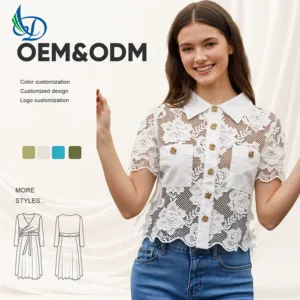 Summer Ladies Casual Blouse Lace Hollow Short Sleeve Turn-down Collar Woven Breathable Fashionable for Daily Wear