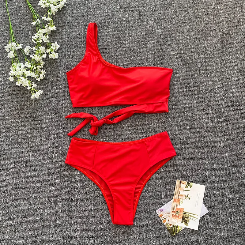 2022 STOCK 8Colors XXL Swimwear One Shoulder Ties Sexi Woman High Waist Plus Size Bikini Swimsuit