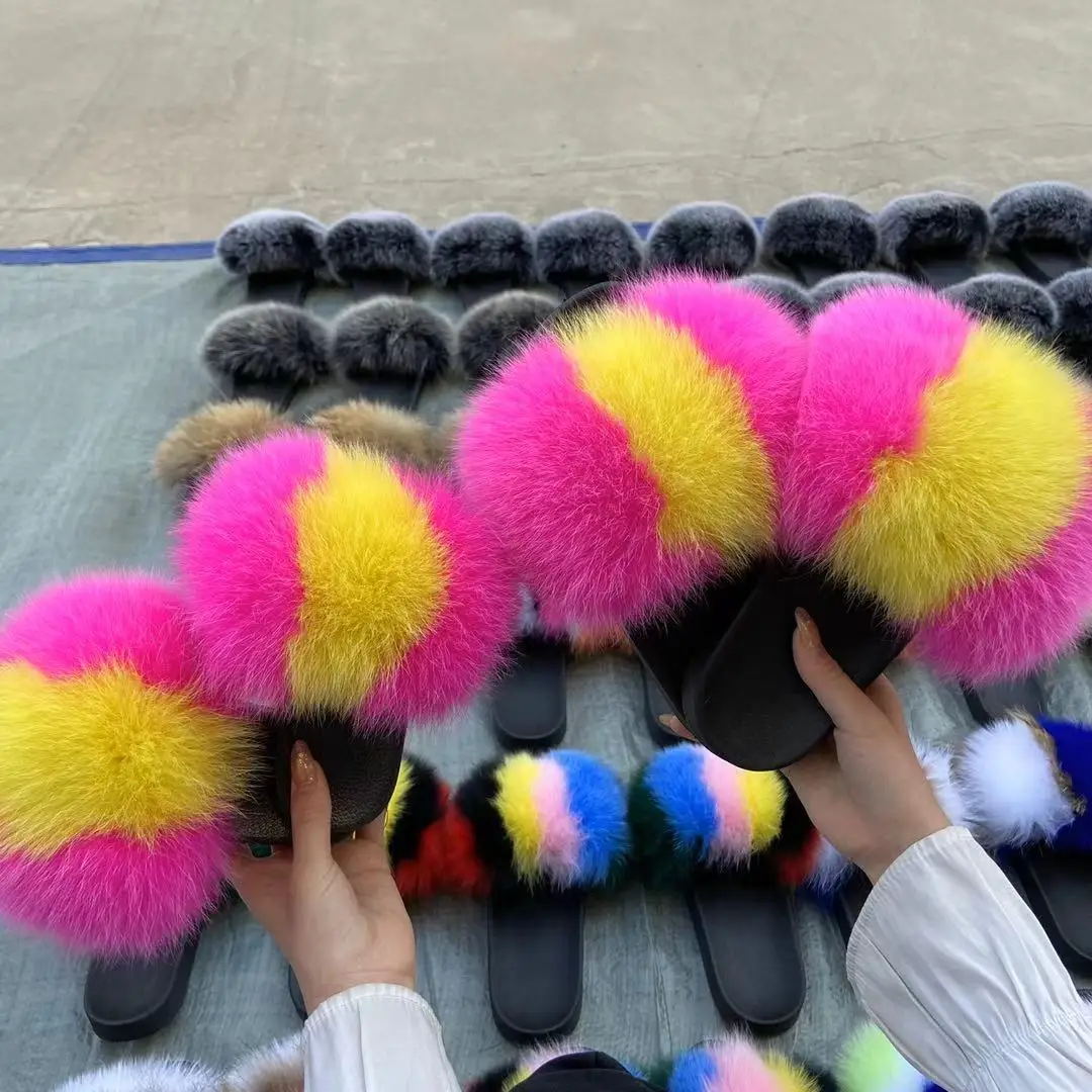 Дизайнерские оптом красочные коричневые пушистые меховые сланцы тапочки из натурального Лисьего меха для