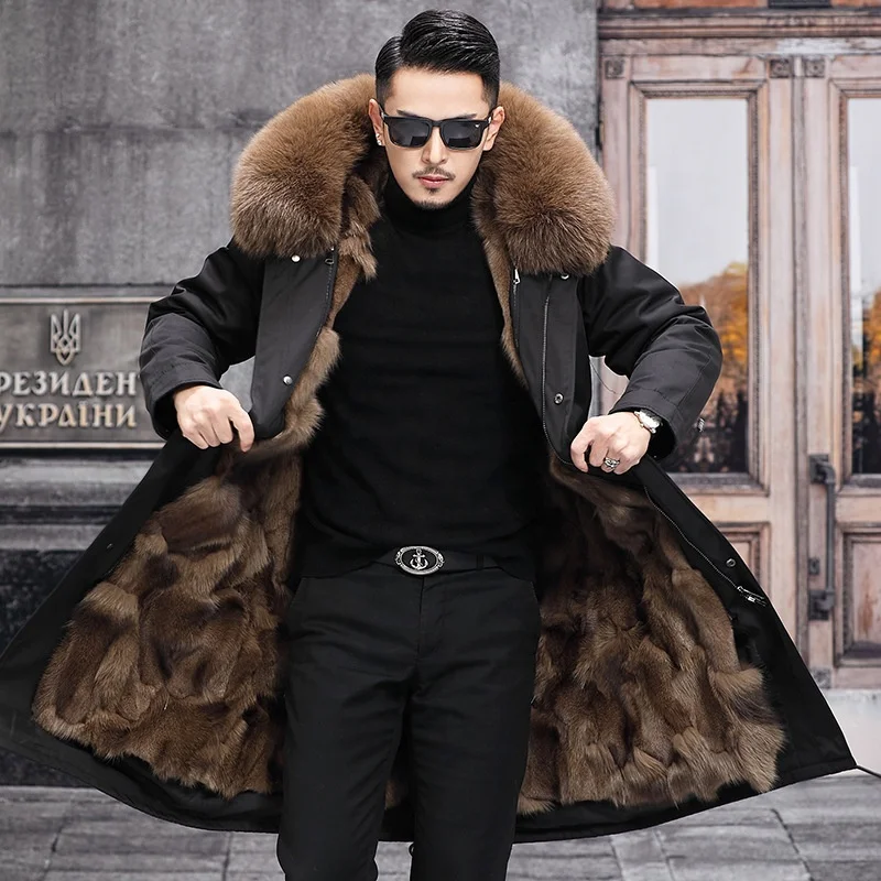 2022 Winter Men Casual Real Fox Fur Long Coat Thick Warm Man Hooded ...