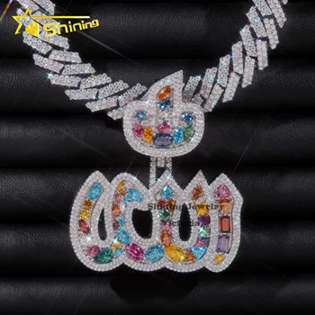 Custom Iced Out 925 Silver Fashion Jewelry Pendants & Charms Hip Hop Soild 2" VVS Moissanite Colorful Diamond Fire Allah Pendant