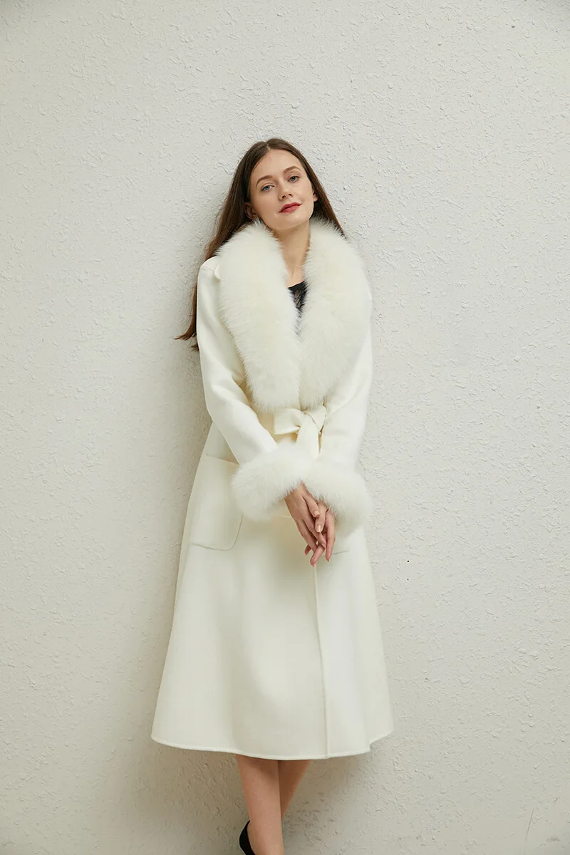 2021 Big Real Fox Fur Trimming Wool Jacket Custom Fashion Women Long  Cashmere Coat With Fur