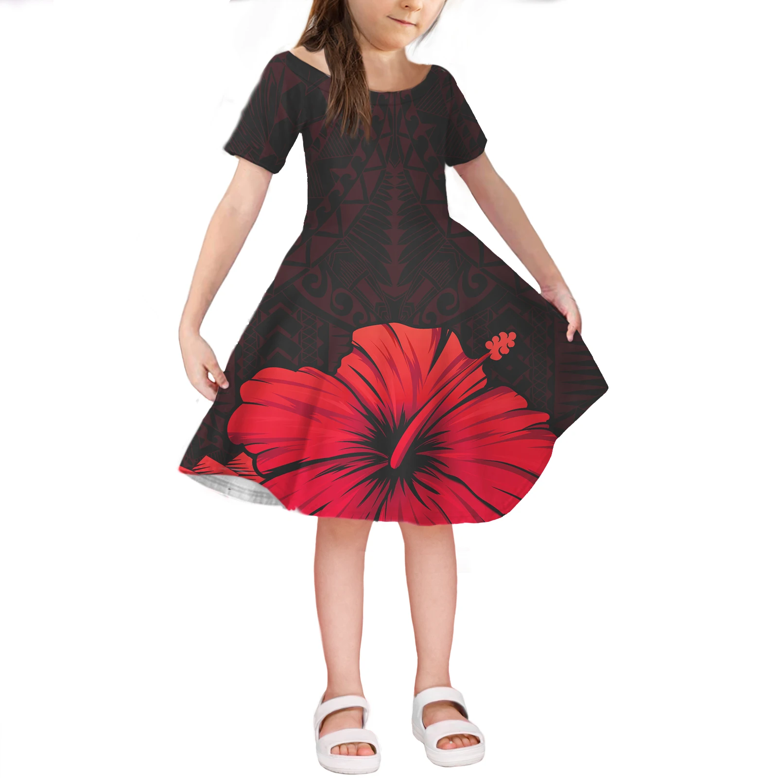 Hawaii Hibiscus Black and Red Kids Summer Dress Short Sleeve Toddler Girls  Casual Clothing Dress for Kids School 4-14 Years Old