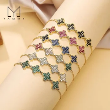 Fashion Zircon Flower Charm OL Chain Bracelet 18K Gold Plated Colorful CZ Five Leaf Clover Bracelet For Women