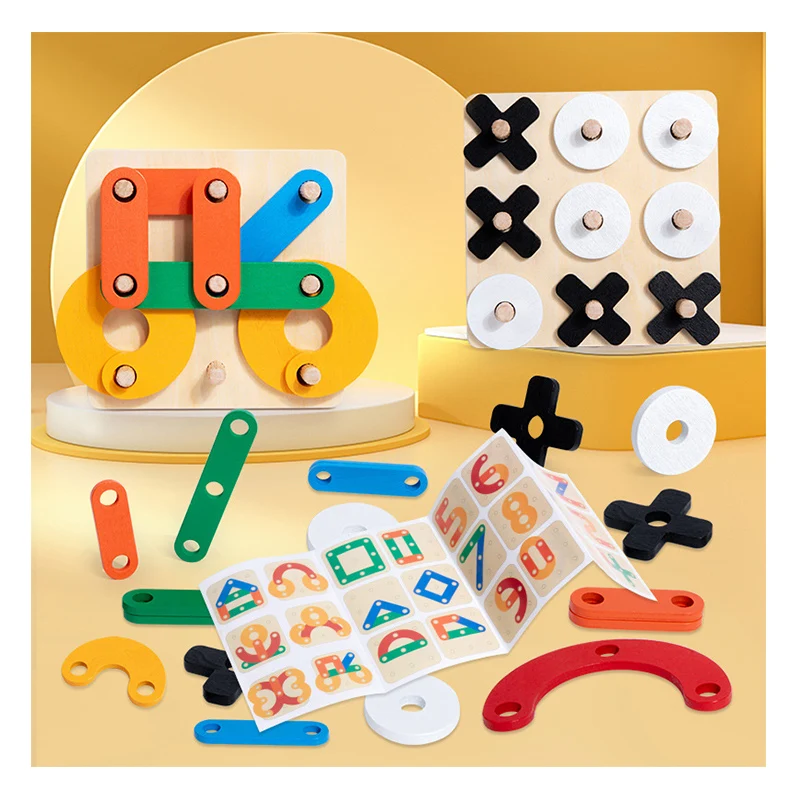 DIY Children Wooden Geometric Shapes Matching Puzzle Tic-tac-toe Game Wooden Puzzle Montessori Toys