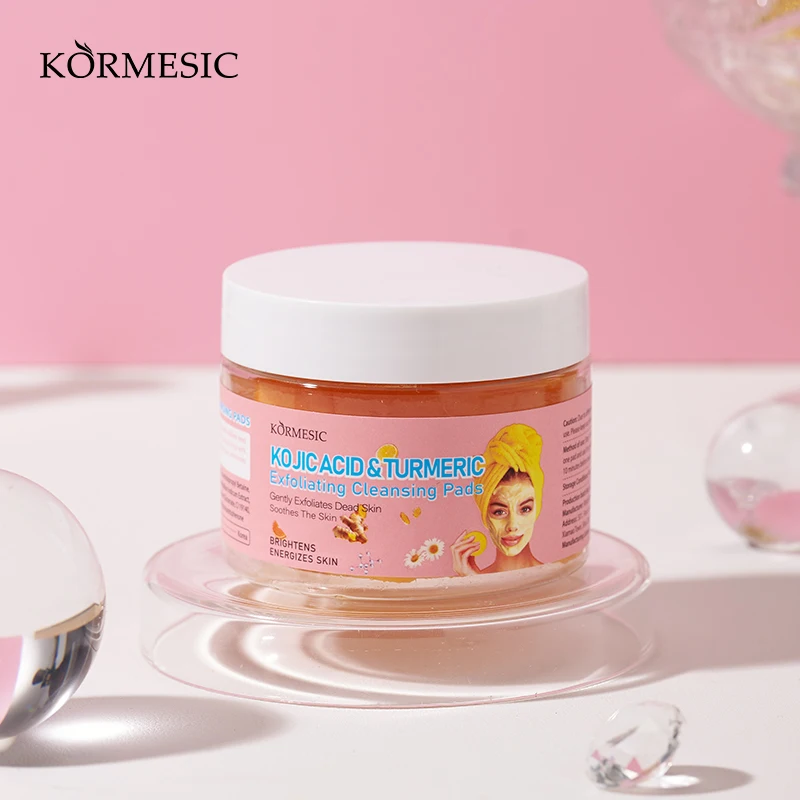 KORMESIC 100ml/50 Tablets Wholesale Private Label Brightening Soothing Kojic Acid&Turmeric Exfoliating and Cleaning Cotton Pads