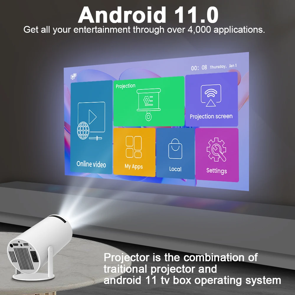 Android 11 Projector 4k Dual Wifi6 200 Ansi Allwinner H713 Bt5.0 1080p