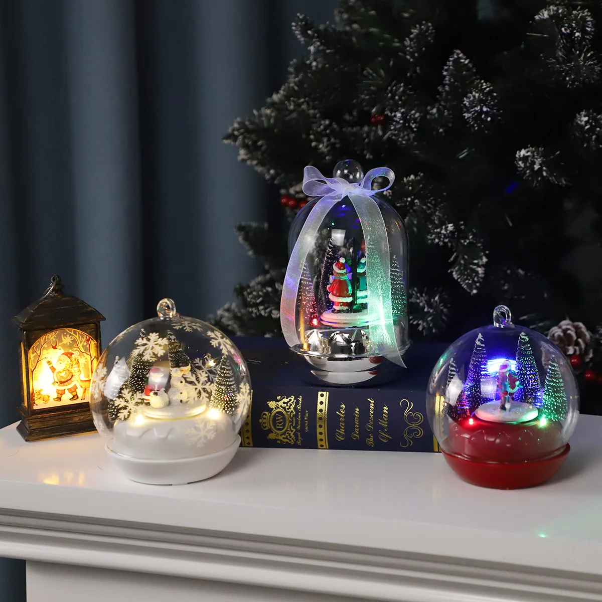 hot sale latest design Christmas led light glass ball battery with rotatable base music box