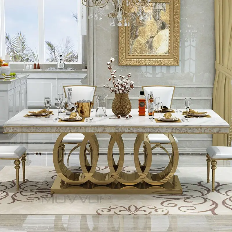 Modernization design marble top and stainless steel  base gold dining table