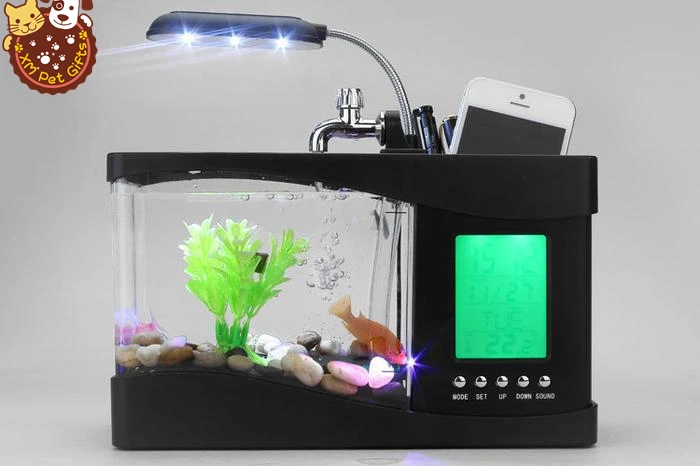 Bluepet Mini Square Shape Aquarium Small Desktop Home Decortive Fish Tank  with USB Connector, Multi Mode LED Light, Ultra Silent Pump for Small  Fishes