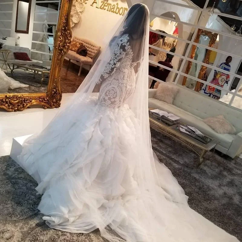 New Long Sleeve Mermaid Wedding Dresses Corset Back Lace Ruffles Tiered Cathedral Train Trumpet Bride Wedding Gowns