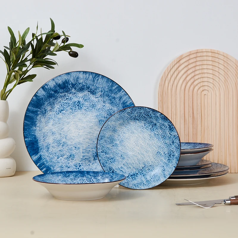 Eco-Friendly Ceramic Blue Plate Sets Classic Design Porcelain Utensils Wholesale for Home and Hotel Dinnerware