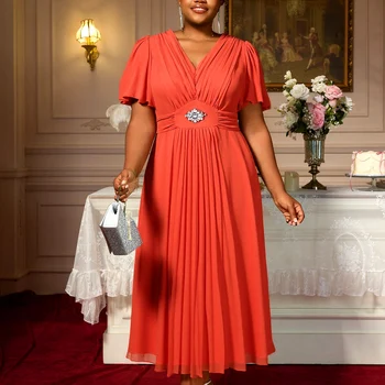 AM050506 Elegant V Neck Short Sleeve with Ruffles a Line Pleated Midi Orange Chiffon Dress Plus Size