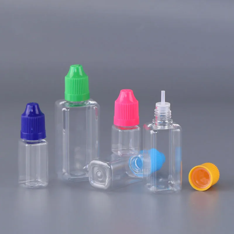 10ml Vierkantige Plastiek Leë Vloeistof Druppelaar Flesse vir Olie, Sap, Vloeistof