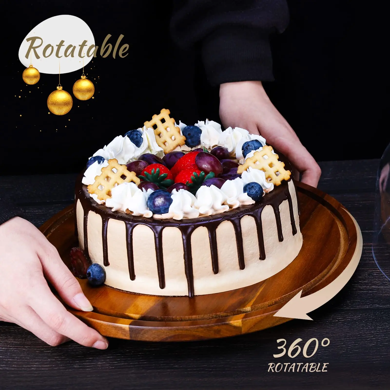 Custom Rotating Cake Stand with Clear Acrylic Dome Lid Wood Cake Stand with Turntable Base Cake Display Server Tray for Party