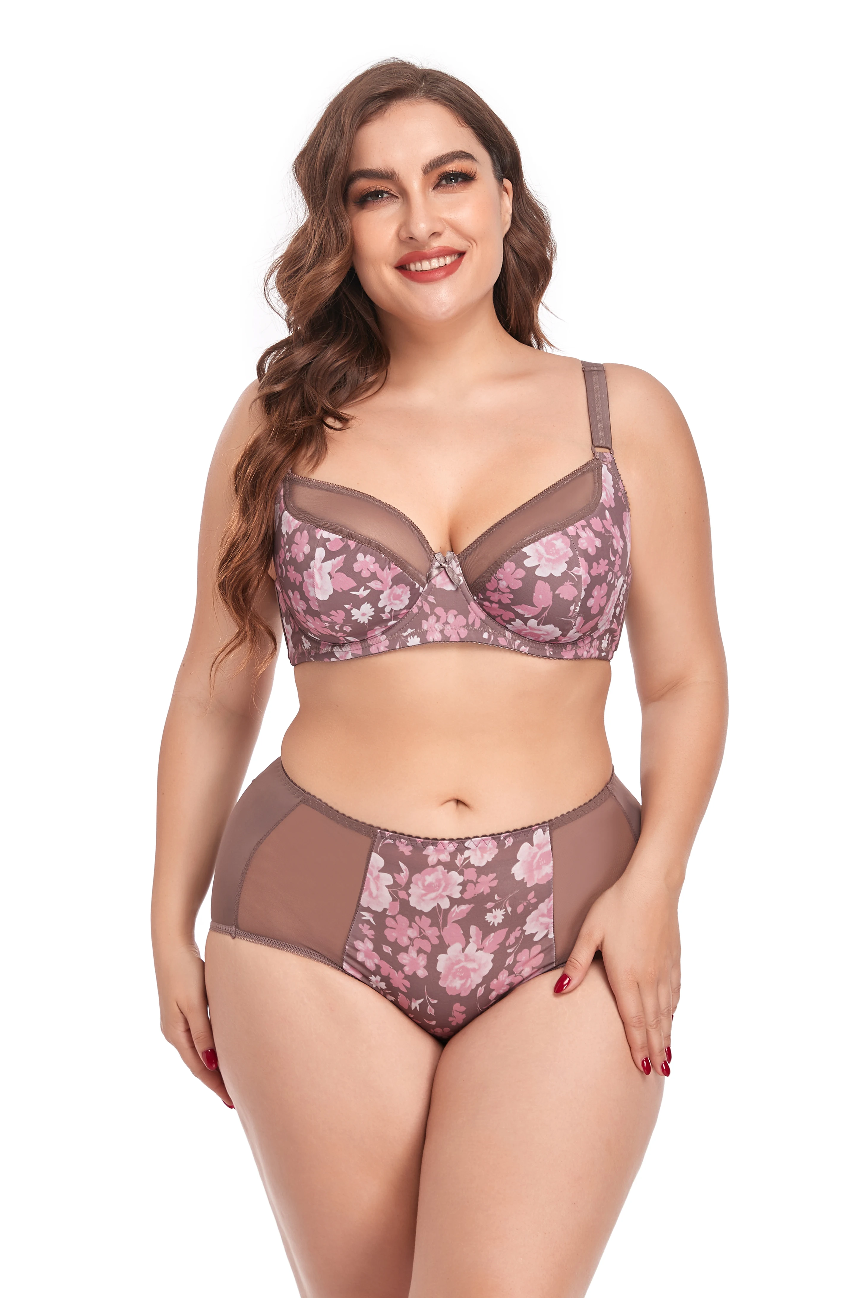 Rts 2023 New 38d 48d Womens Plus Size Lingerie Set Floral Print Underwear Set Ultrathin Unlined 