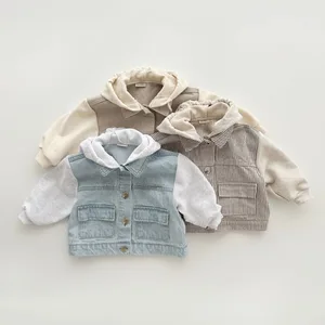 Custom Spring Autumn Toddler Boys Girls Cotton Denim Striped Hooded Top Coat Outfit Sweatshirt Baby Jacket Clothes for Kids