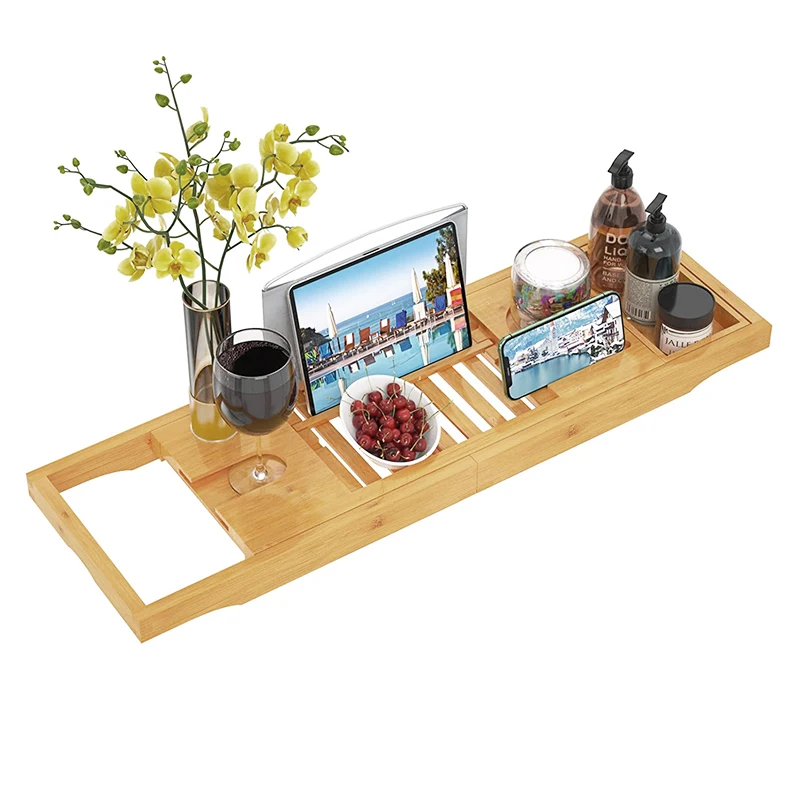 Natural Reading Rack Tablet With Cellphone Wine Glass Holder Bamboo Bathtub Tray With Extending Sides