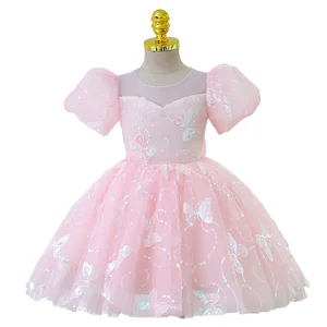 Customized Pink Birthday Girls Dresses Luxury Princess Dress Puffy Sleeve Sequined Butterfly Tulle Dress
