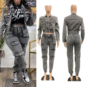 Multi Pocket Washed Denim Casual Two Piece Set
