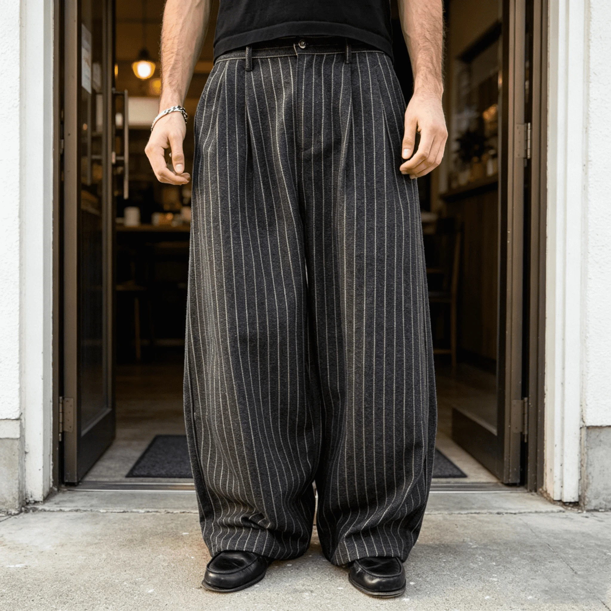 Custom Vintage Pinstripe Wide Leg Trousers Men Multi Side Pocket Loose Straight Casual Office Streetwear Baggy Suit Pants gallery 8