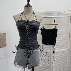 GX2765 Fashion 2026 Summer Women's Clothing Boutique Sleeveless Hollow Out Lace-up Tops Sexy Tube Unique Pu Leather Women Blouse