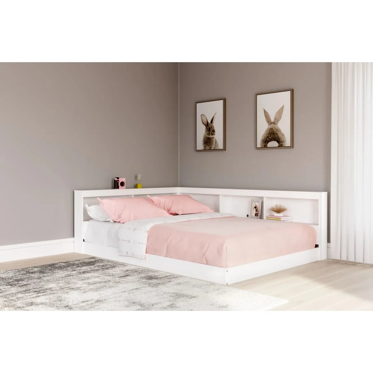 Mid century Modern Design USB Charging Ports Engineered Wood Chiliden Twin Bed Frames with Bookcase Storage