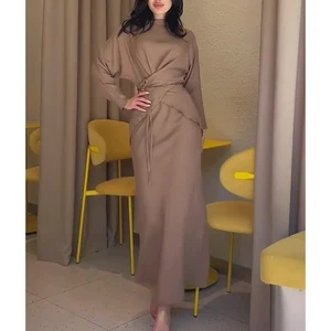 Lace up Top Skirt Suit Dubai Female Arabic Casual Solid Outfits Islam Morocco Ramadan Skirts Ensemble Women Muslim Two Piece Set