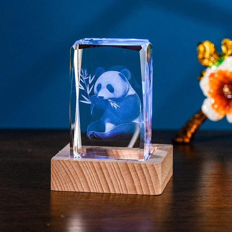 3D Laser Panda Souvenir Factory Wholesale Custom 3D Engraving Design Crystal Cubes With Wood LED Base manufacture