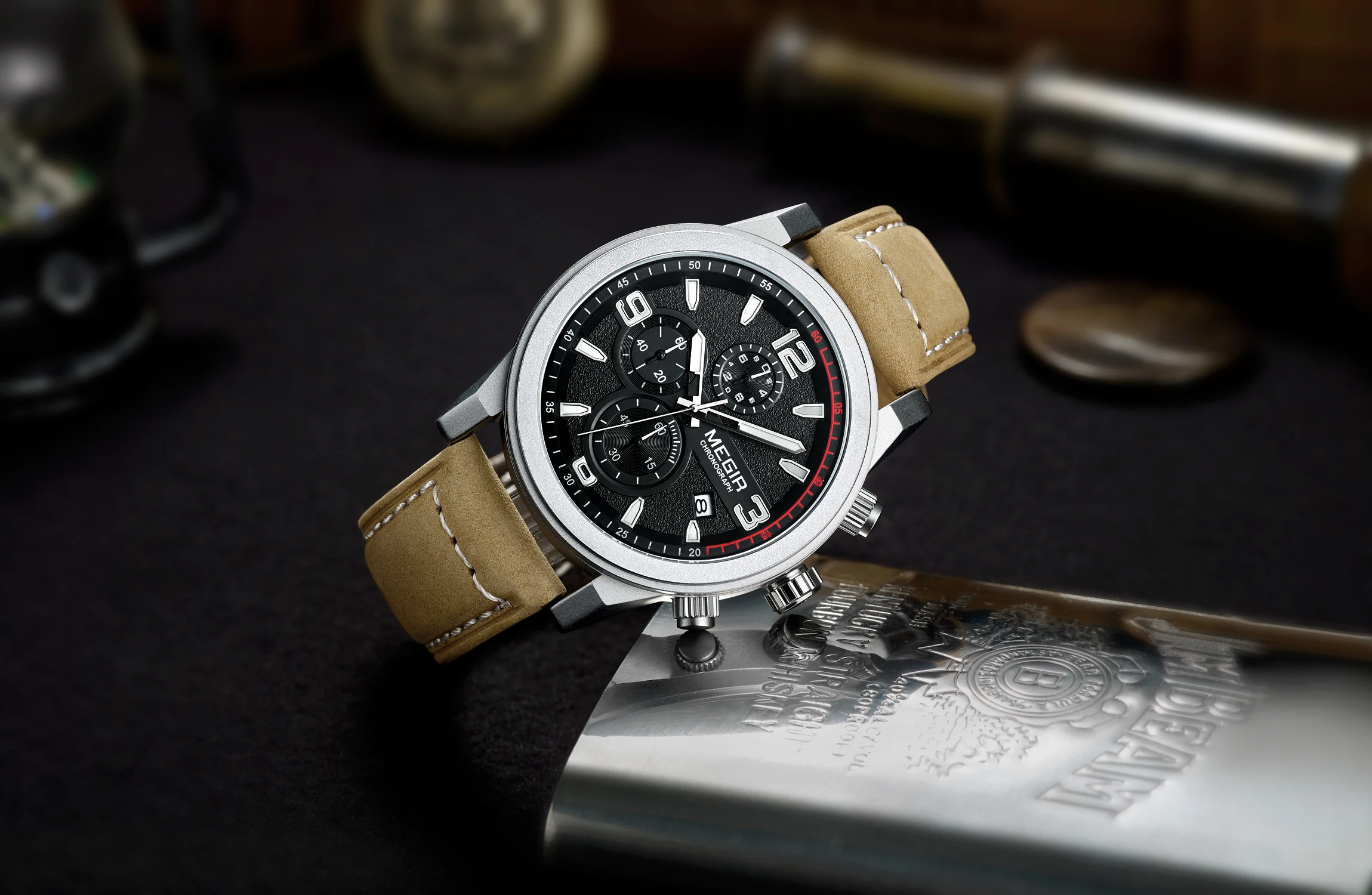 MEGIR Orologio Uomo Cronografo Quarzo 2130 - Cinturino Pelle Marrone, Quadrante Grande, Impermeabile