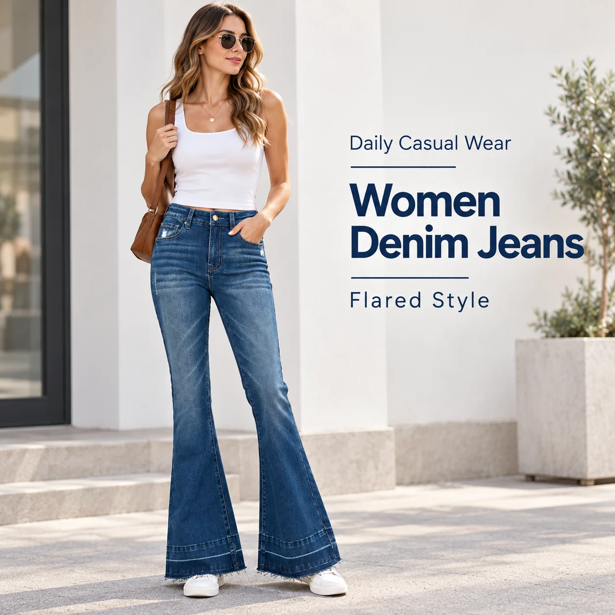 Wholesale Women Denim Pants High Waist Stretch Skinny Flare Jeans Eco-Friendly Polyester/Cotton Vintage