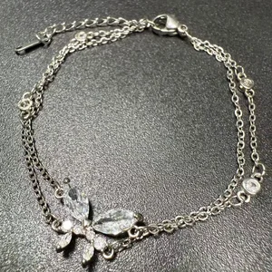 Fashion Silver Plated Double Layer Chain Bracelet with Zircon Butterfly Charm Elegant Crystal Jewelry for Women Trendy Accessory
