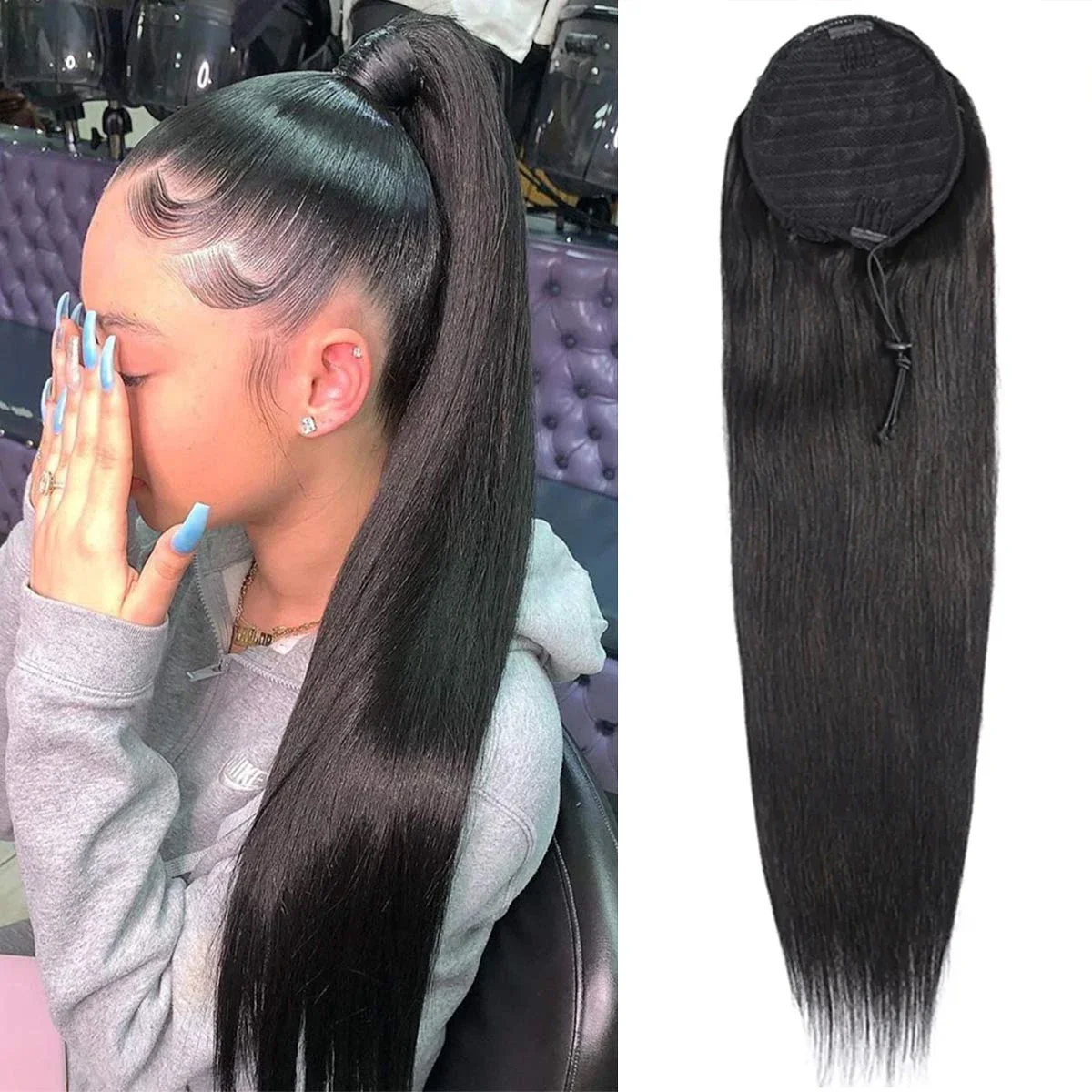 Natural Black Drawstring Ponytail Human Hair Extensions Clip-in_voghion.com